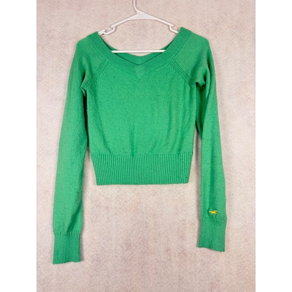 Hollister Sweaters - Hollister Y2K Junior Large Green Cropped V Neck Sweater Long Sleeve Soft Knit